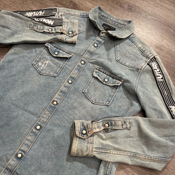 Zara Man Shirt Mens Medium Blue Denim Pearl Snap Light Wash Western Cotton - Picture 1 of 8